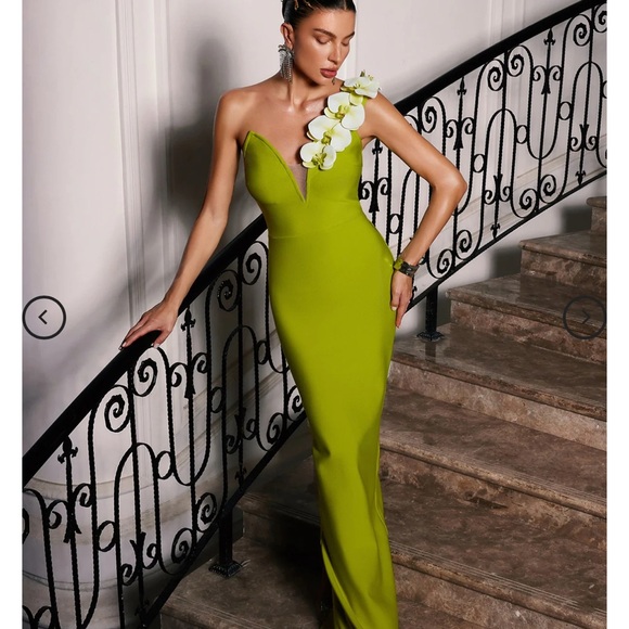 Lime Green Asymmetrical One Shoulder Embellished Maxi Dress - Picture 1 of 11